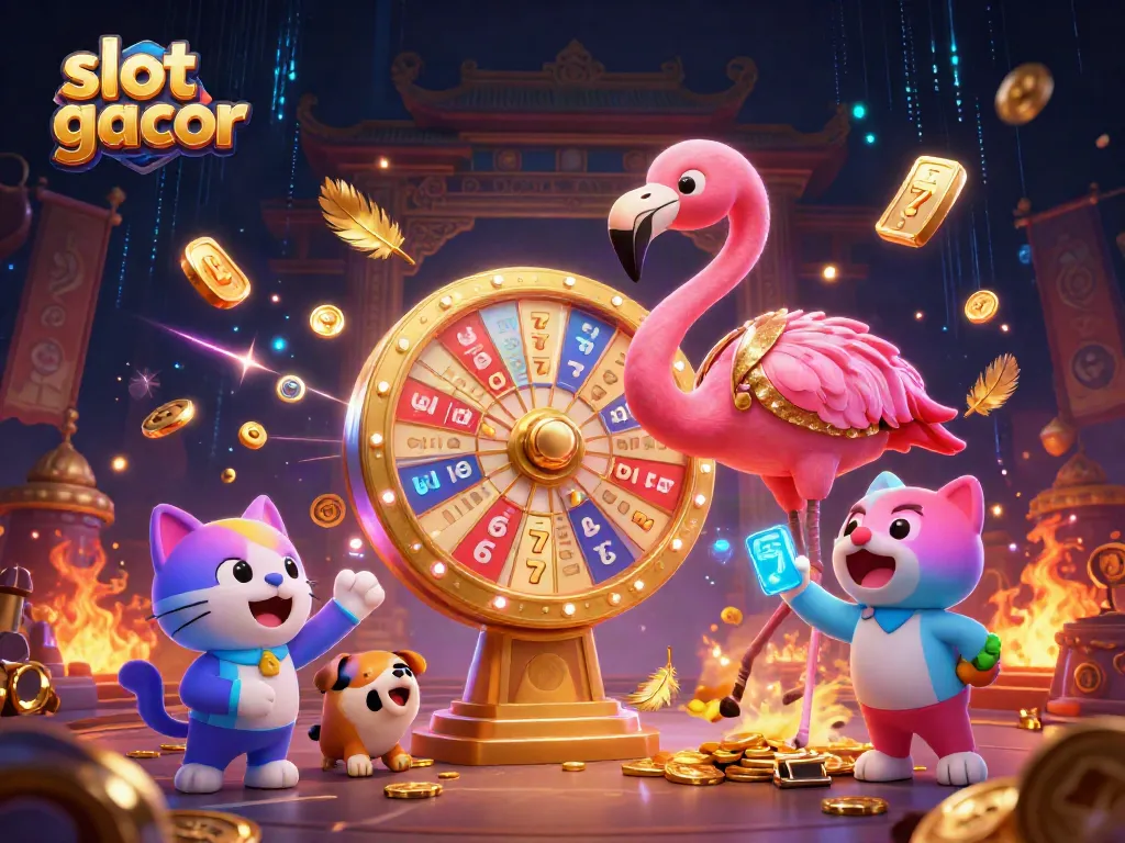 Engage with the excitement of slot gacor as a cartoon flamingo spins a prize wheel.