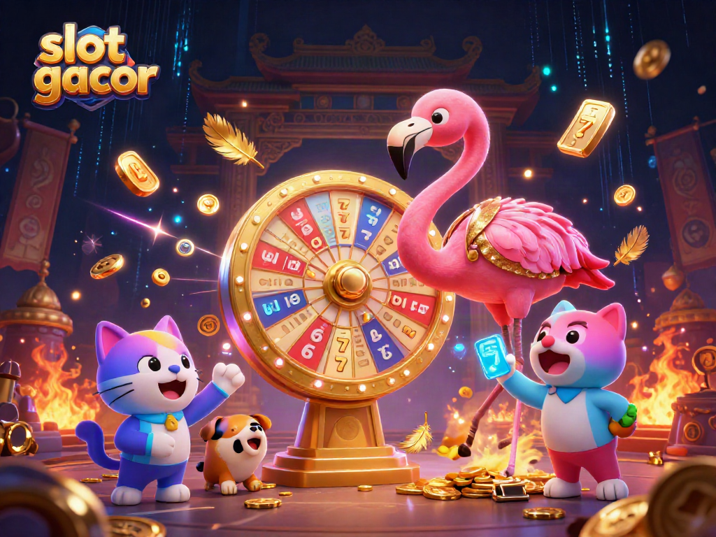 Engage with the excitement of slot gacor as a cartoon flamingo spins a prize wheel.
