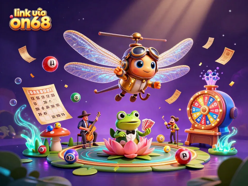 Join the fun with the link vào on68 as a cartoon dragonfly pilot hovers above a lively lily pad casino.
