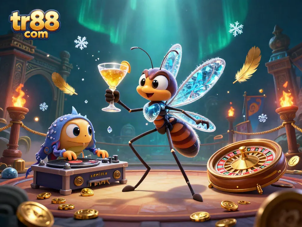 Spin to win at tr88 com with a vibrant casino scene featuring a frozen insect mascot and an antique DJ.