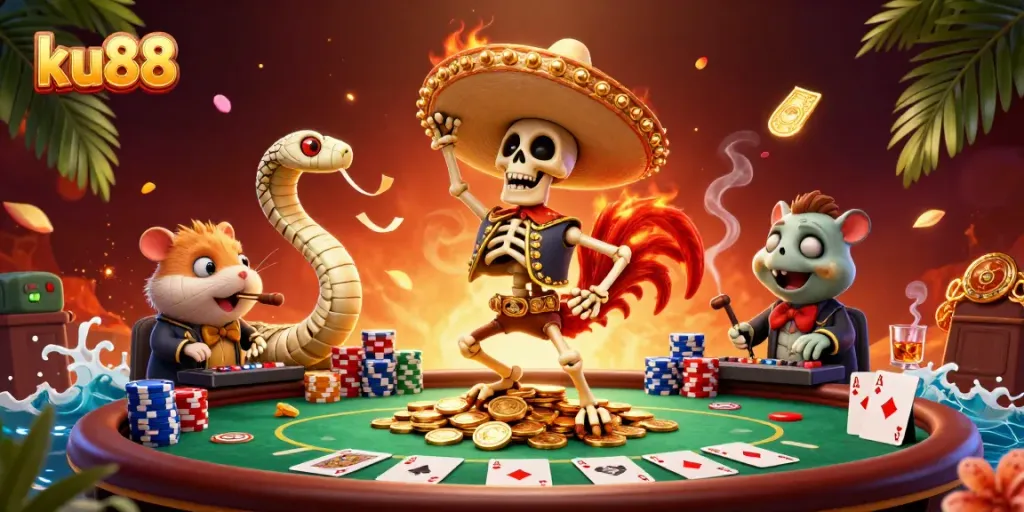 ku88 characters celebrating on golden coins with poker elements, lively casino scene