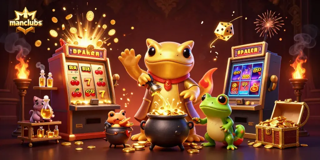 Win big at manclubs with exciting slot machines and golden treasures in this vibrant scene.