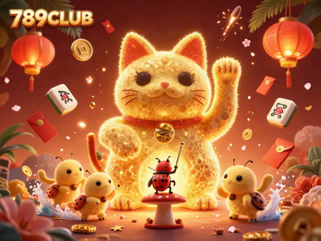 Experience the excitement of 789CLUB with a giant lucky cat and dynamic casino symbols in a vibrant scene.