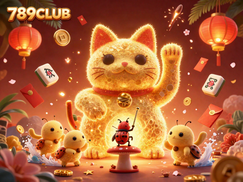 Experience the excitement of 789CLUB with a giant lucky cat and dynamic casino symbols in a vibrant scene.