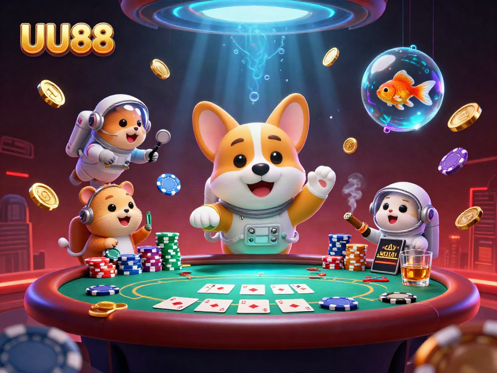 UU88 spaceship casino scene with an astronaut corgi and floating poker elements illustrating gaming fun
