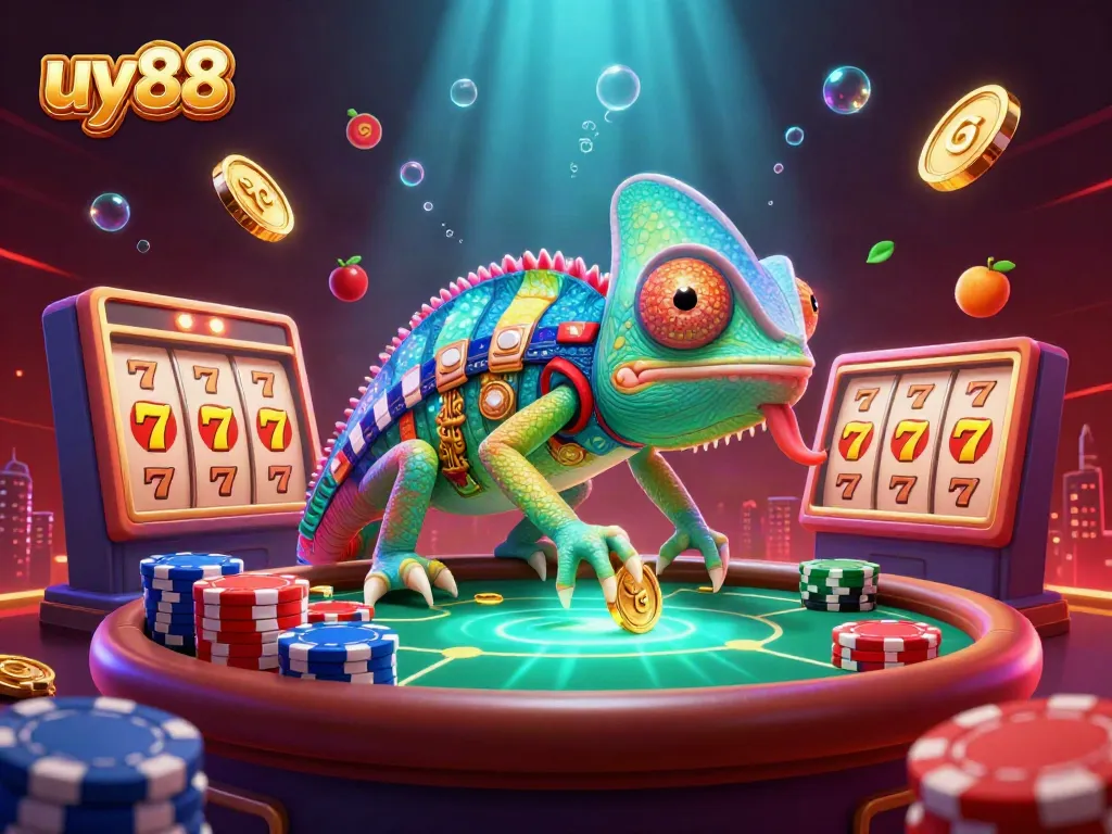 Experience the vibrant excitement of uy88 casino with a colorful chameleon owner entertaining players.