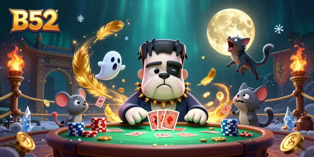 B52 game environment with a Frankenstein bulldog, ghost mouse, and werewolf kitten showcasing card dealing action.