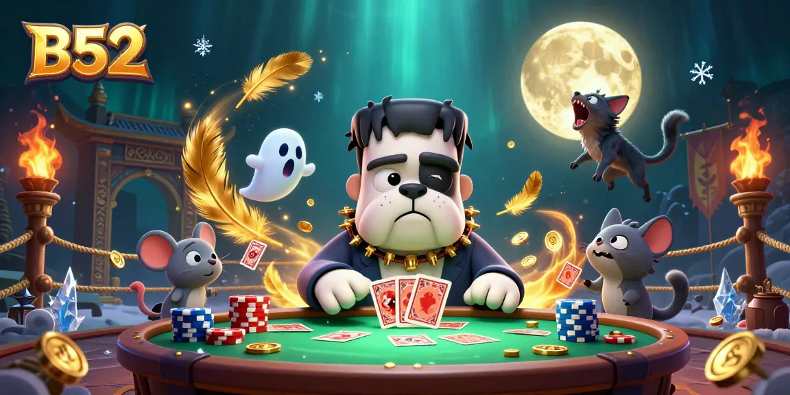 B52 game environment with a Frankenstein bulldog, ghost mouse, and werewolf kitten showcasing card dealing action.
