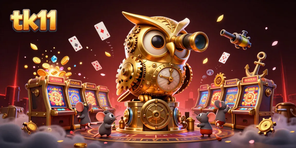 Experience the thrill of tk11 with a vibrant casino scene featuring a golden owl and treasure.