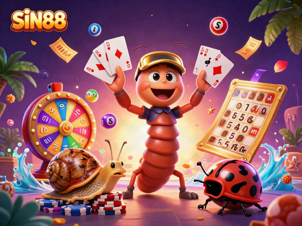 SIN88 showcases a lively cartoon scene with a millipede dealer, a high-roller snail, and a pill bug in an exciting casino atmosphere