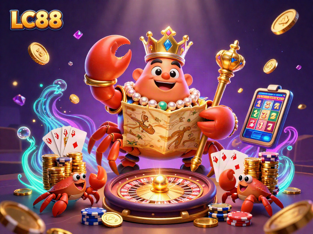 LC88 engages players with a dynamic scene of a golden crab emperor amidst treasures and casino elements.