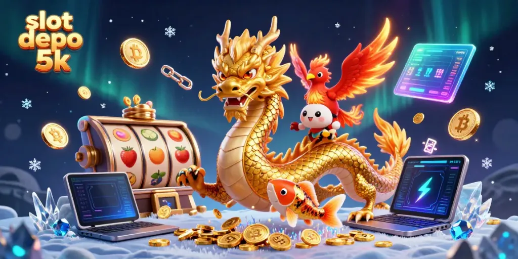 Engage with slot depo 5k, featuring a golden dragon, phoenix, and koi fish amidst vibrant symbols and coins.