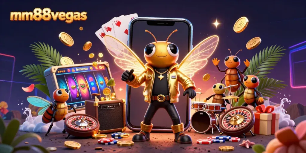 Experience thrilling gameplay at mm88vegas with a vibrant casino-themed illustration featuring exciting slot games and characters.