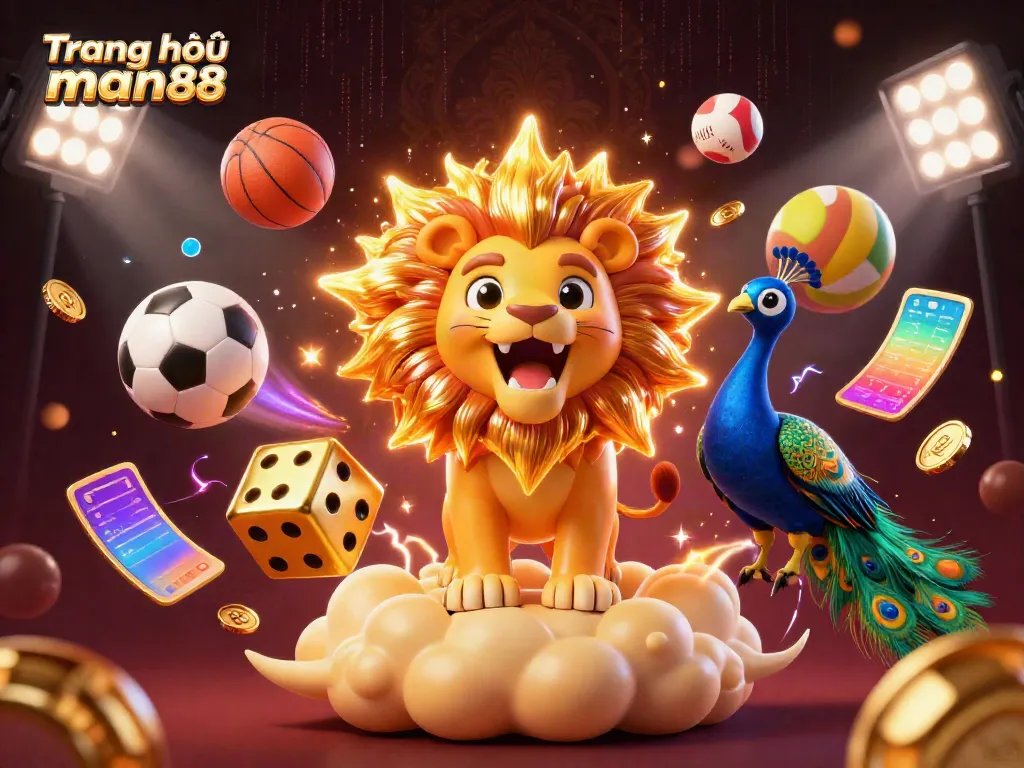 Experience the excitement of Trang chủ man88 with a vibrant 3D illustration featuring dynamic casino game elements.