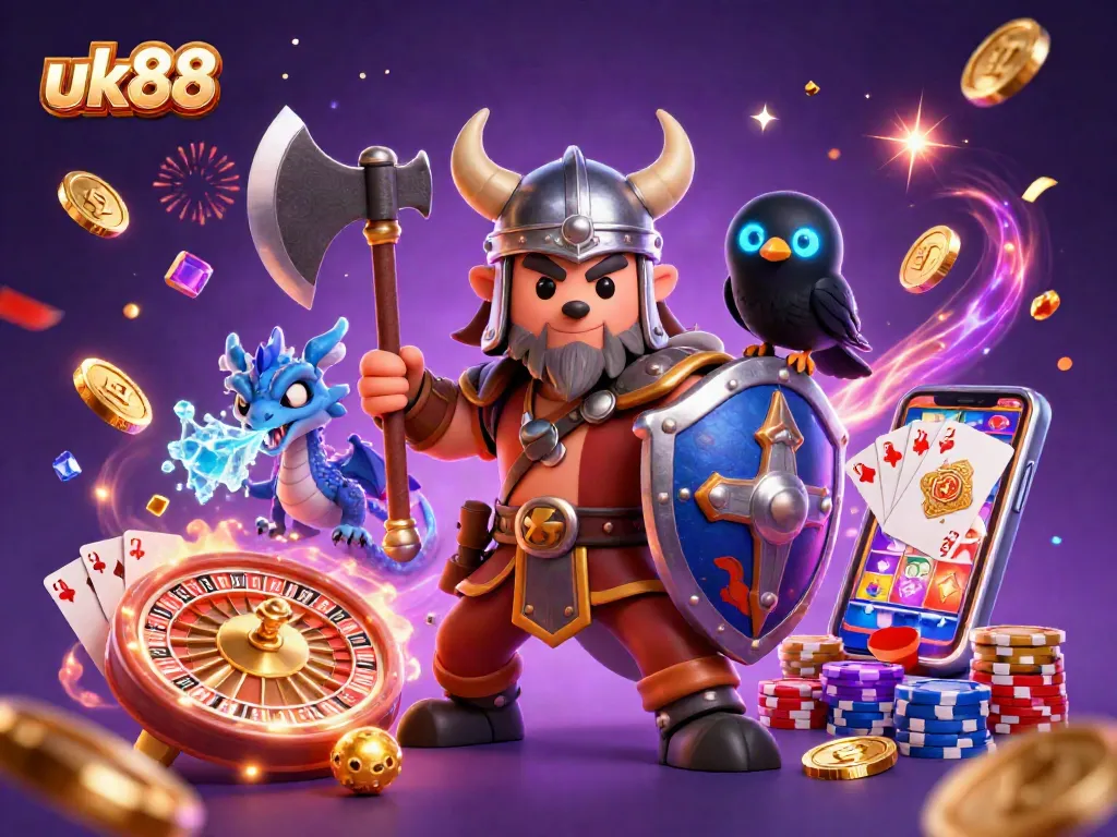 Experience the excitement of uk88 with a Viking warrior, dragon, and casino elements.