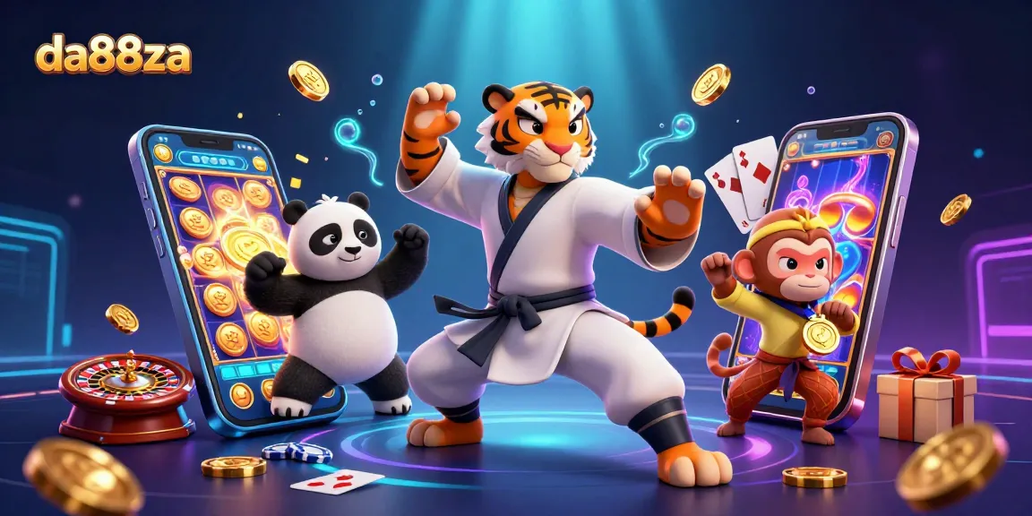 Experience thrilling gaming at da88za with our 3D illustration of a kung fu master and friends in action.