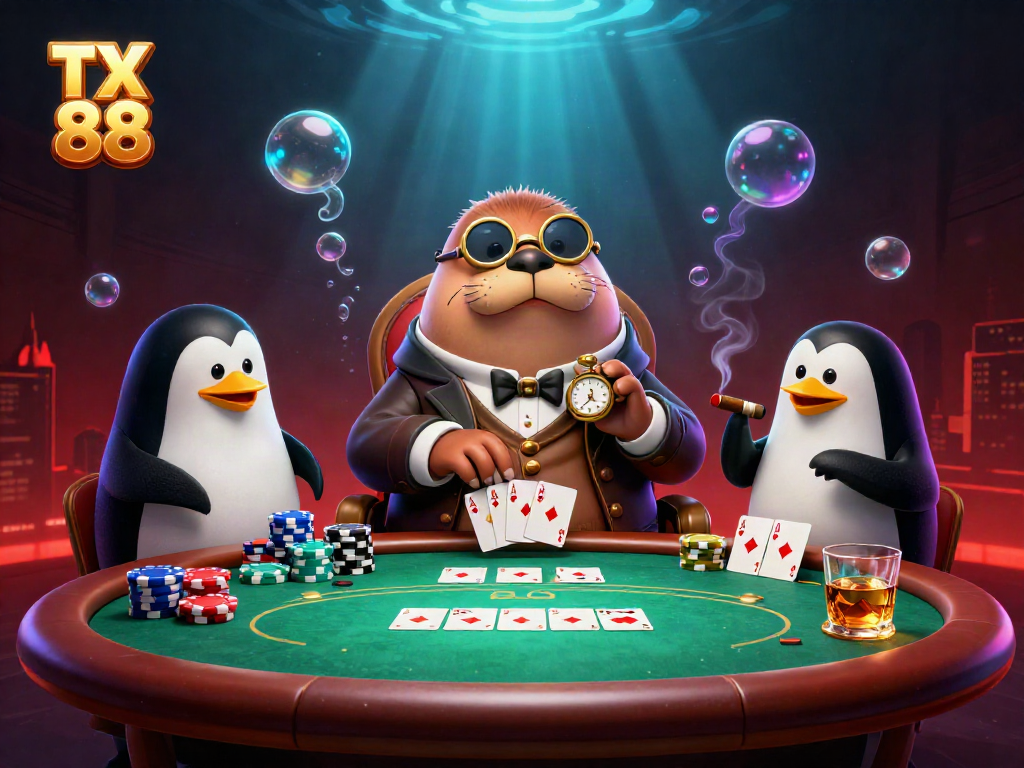 Experience the thrilling poker scene with TX 88 as the walrus plays against a penguin dealer and a bluffing pufferfish.