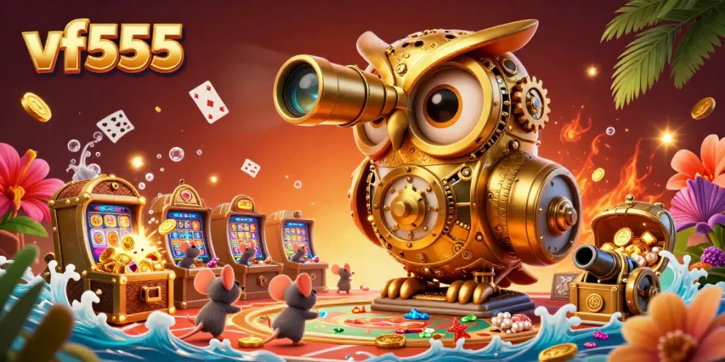 Experience vf555's vibrant casino adventure with a golden owl and treasures amidst rich gaming elements.
