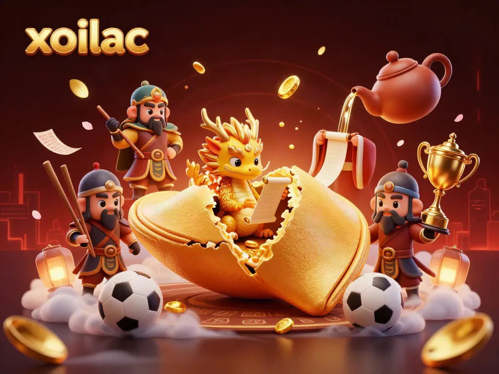 Xoilac brings high-stakes sports betting action with a dynamic scene featuring a golden fortune cookie and gambling elements.
