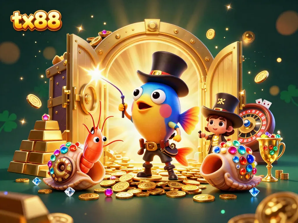 Engage in thrilling gaming at tx88 with a captivating underwater casino scene featuring vibrant characters and treasures.