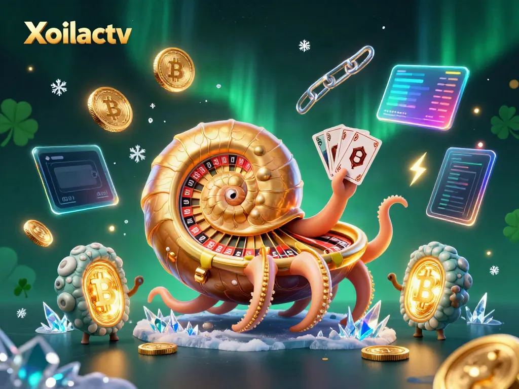 Experience the thrills of gambling with Xoilactv featuring a giant nautilus roulette wheel amidst glowing crypto elements.