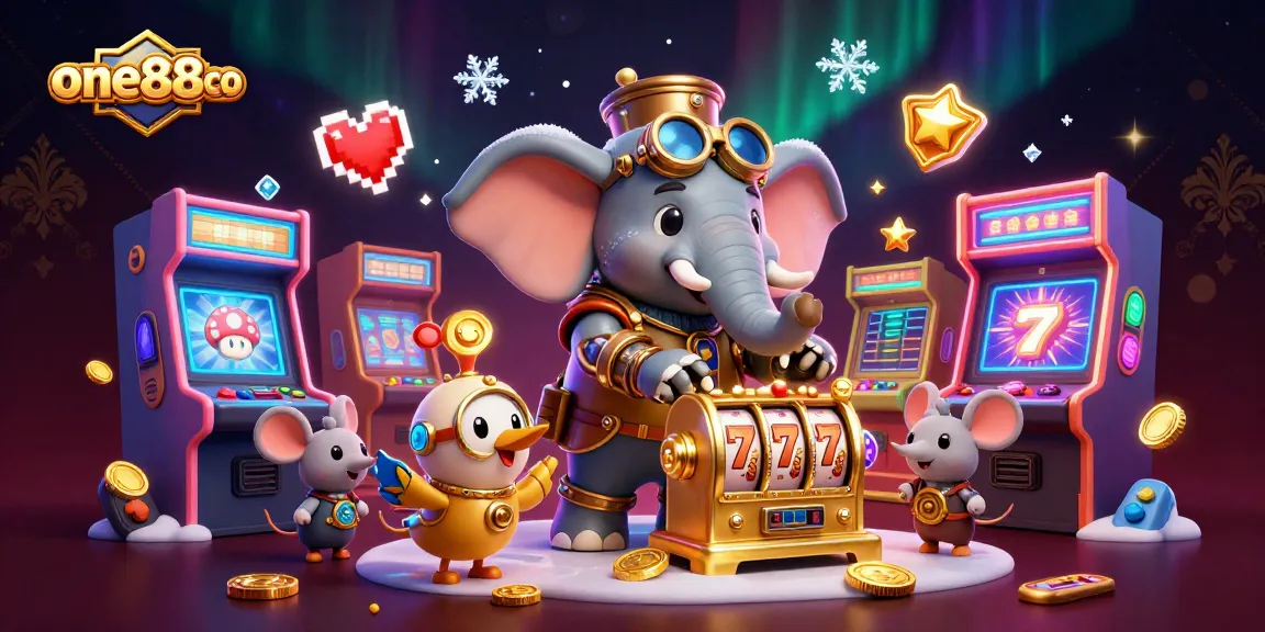 Experience thrilling gameplay at one88co with a charismatic steampunk elephant operating a golden slot machine in a vibrant casino atmosphere.