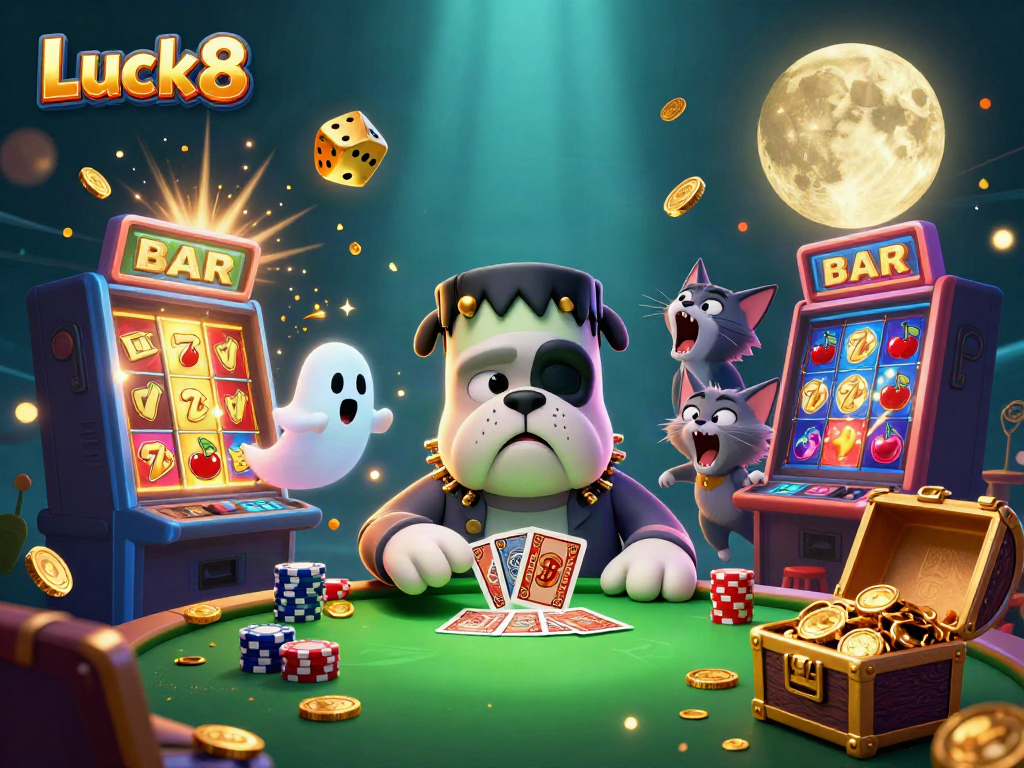 Luck8 cartoon scene featuring a bulldog and kitten characters playing cards among vibrant casino elements.