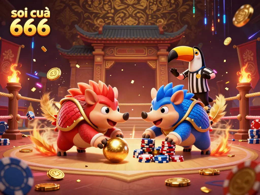 Experience the excitement of soi cầu 666 with pangolins bowling through poker chips in a vibrant casino arena.