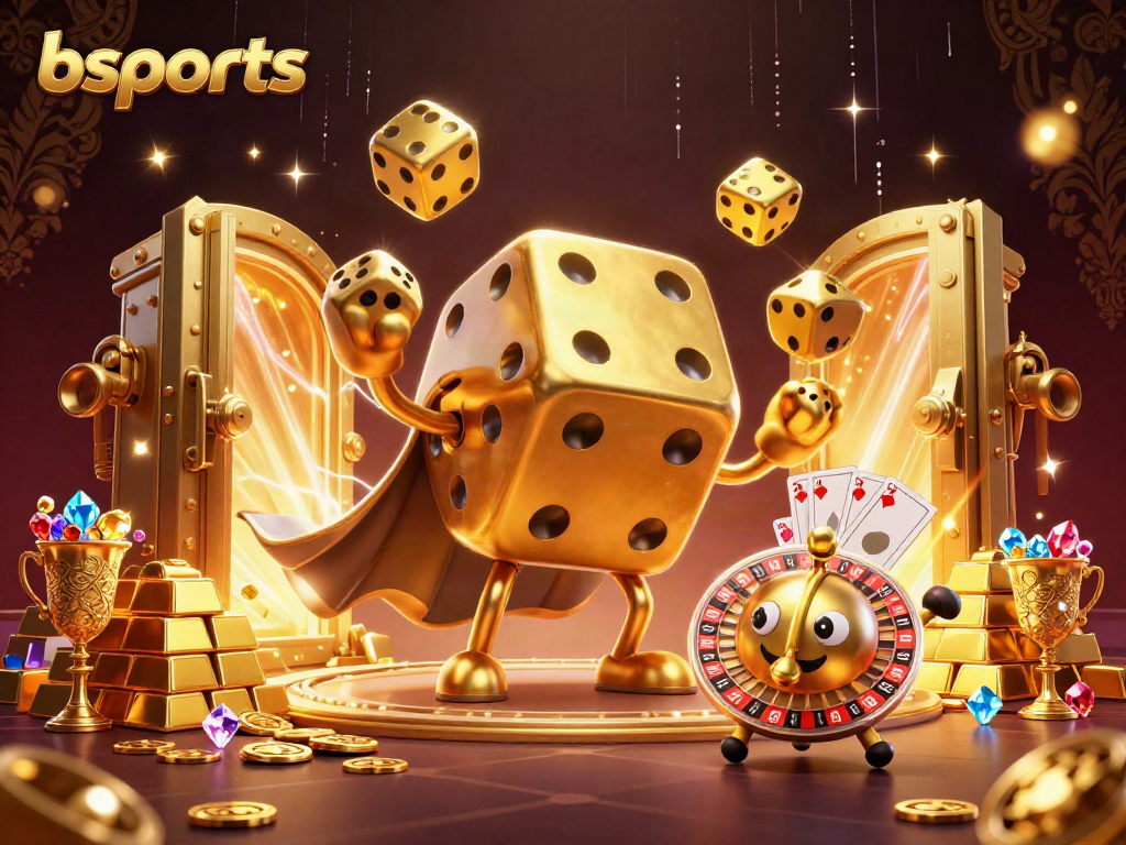 Engage in the vibrant world of bsports with dynamic golden dice, treasures, and a roulette companion in a lavish casino scene.