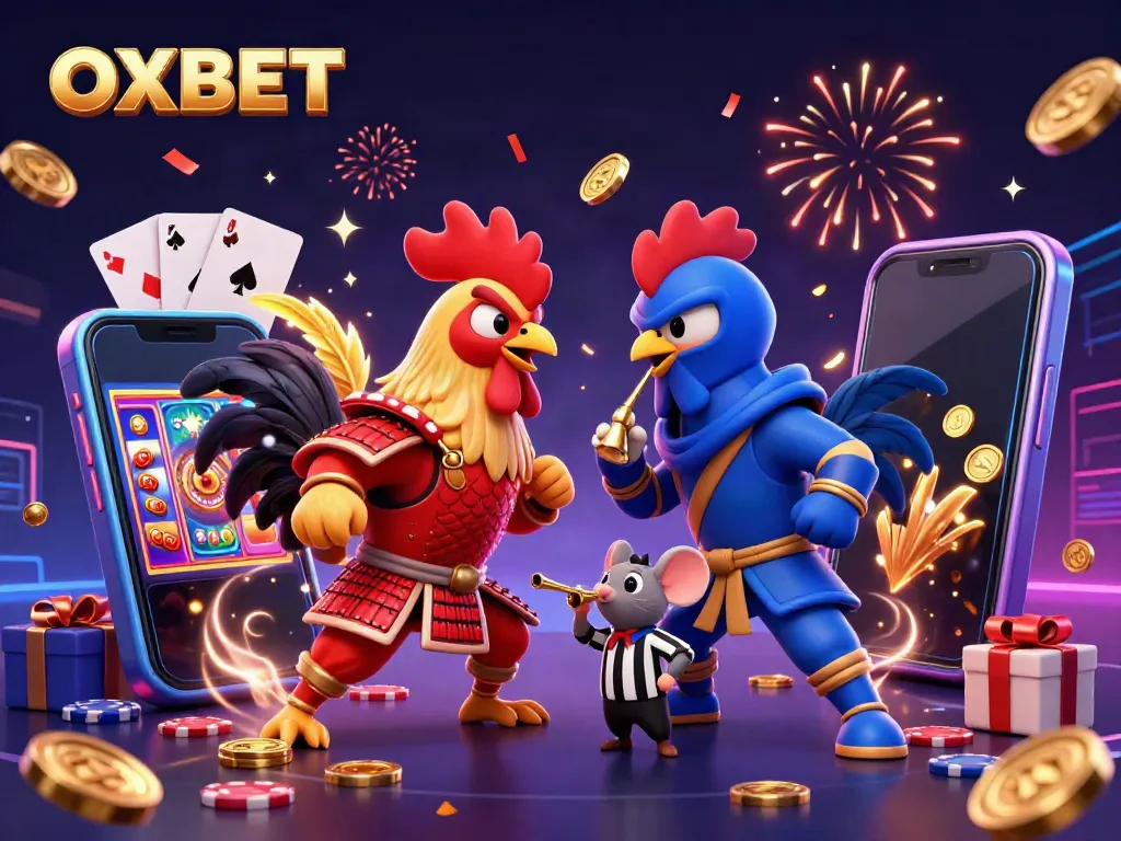 Experience the thrill of OXBET with dynamic fighting roosters and vibrant casino elements.