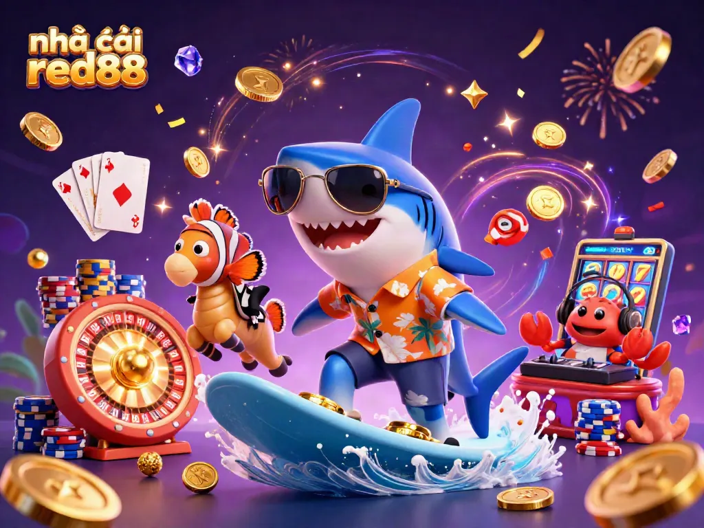 Engaging illustration of nhà cái red88 showcasing a shark surfer and casino elements celebrating gaming wins.