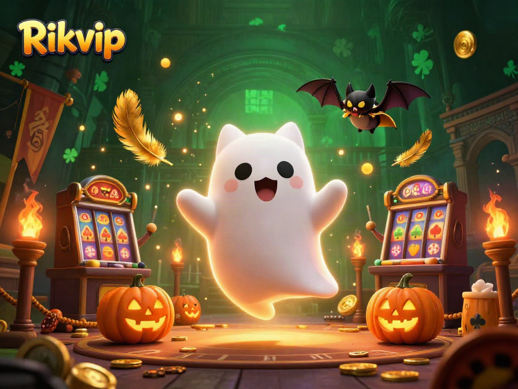 Engage with Rikvip's thrilling online casino experience, featuring a cartoon ghost cat and vibrant gaming elements.
