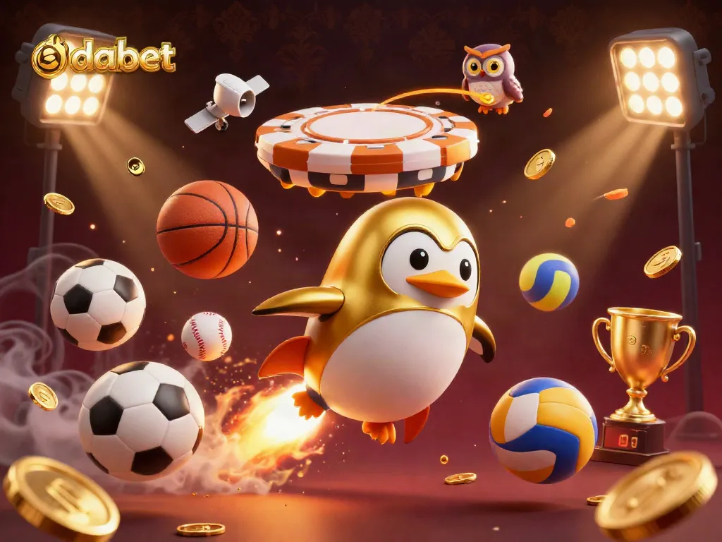 Dabet offers thrilling betting options with a golden penguin zooming toward a cyber casino while sports elements cascade around.