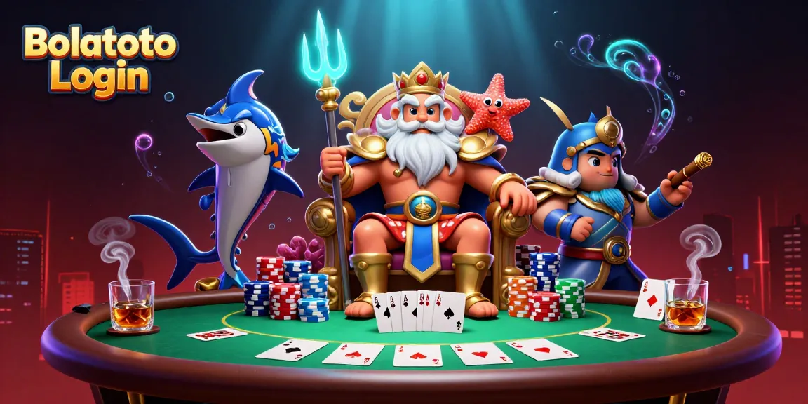 Experience the thrill of Bolatoto Login with Neptune and poker elements in a vibrant casino scene.