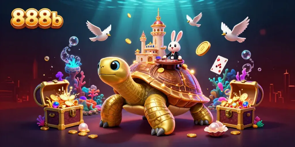 Experience excitement with 888b's golden tortoise casino, featuring a lively dealer scene.
