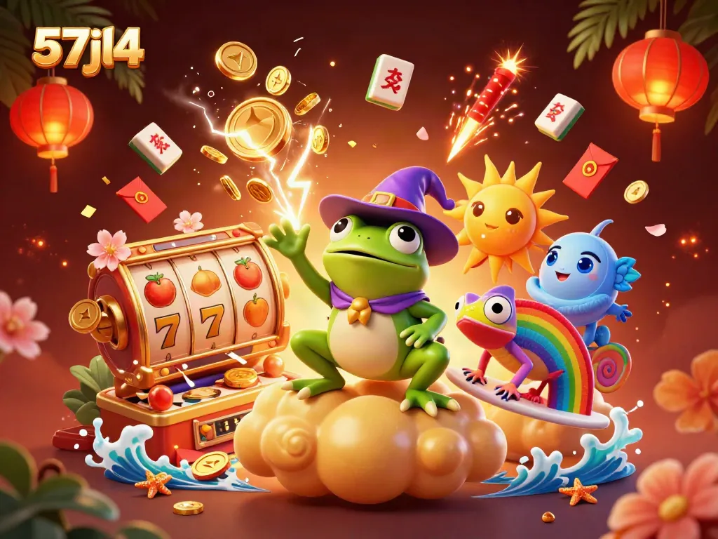 Experience the excitement of winning at 57jl4 with lively characters and slot reels in a vibrant casino scene.
