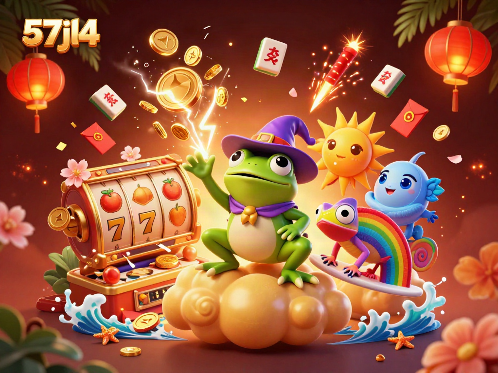 Experience the excitement of winning at 57jl4 with lively characters and slot reels in a vibrant casino scene.