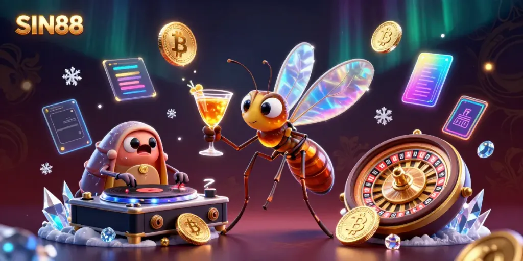 Engage with SIN88's vibrant 3D illustration featuring a unique frozen-in-amber mosquito mascot, dynamic DJ, and roulette wheel elements.