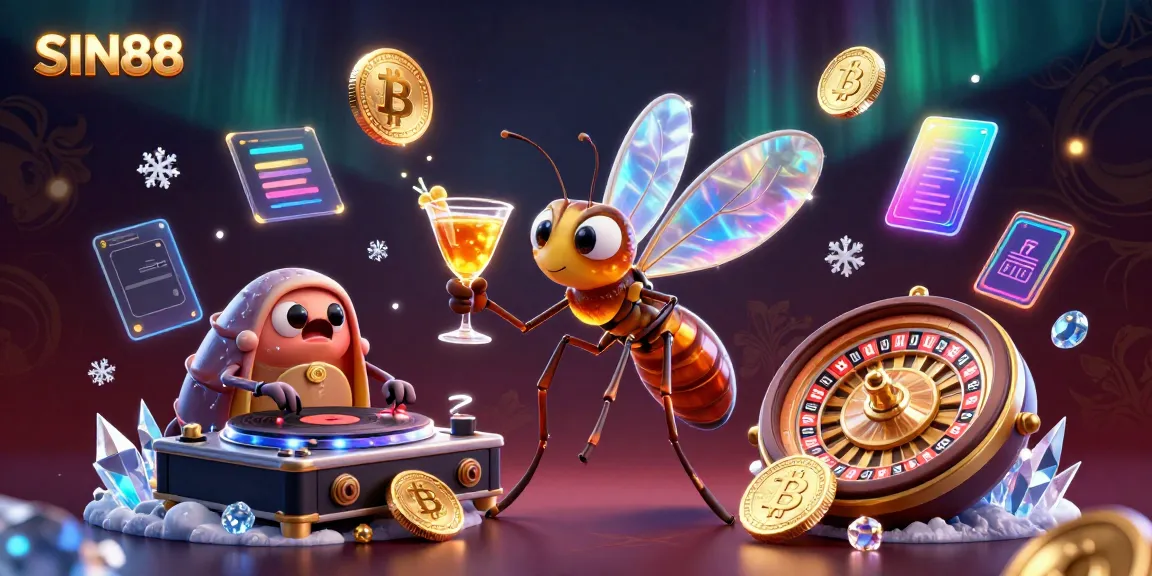 Engage with SIN88's vibrant 3D illustration featuring a unique frozen-in-amber mosquito mascot, dynamic DJ, and roulette wheel elements.