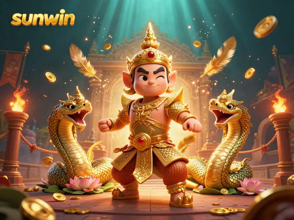 Experience thrilling gaming at sunwin with colorful temple guardian and Naga serpents in a vibrant casino scene.