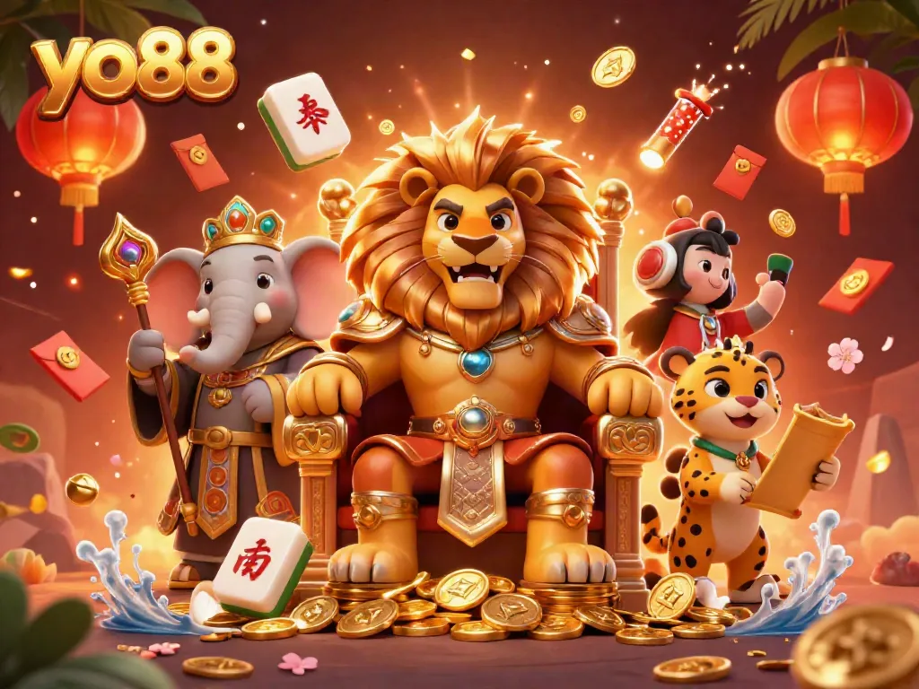 Play exciting games at yo88 while enjoying stunning 3D visuals of a lion king and his majestic throne.