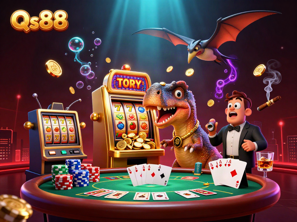 Experience Qs88 as a pachycephalosaurus wins big at the slots, surrounded by a lively casino scene.