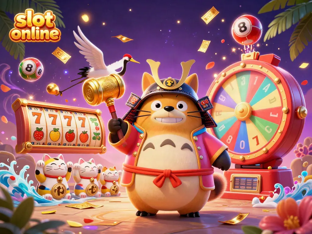 Experience vibrant slot online fun with a cheerful tanuki mascot, lucky symbols, and dynamic game elements.