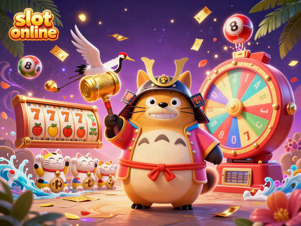Experience vibrant slot online fun with a cheerful tanuki mascot, lucky symbols, and dynamic game elements.