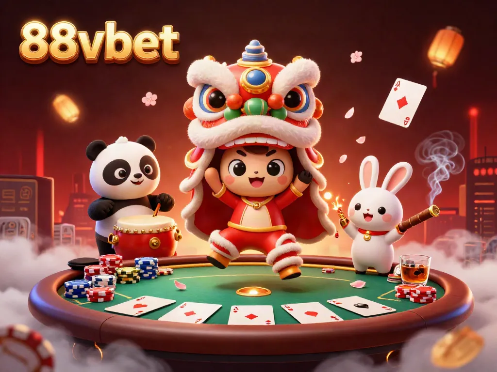 Experience thrilling gameplay with 88vbet in a vibrant 3D casino scene featuring a lion dance and poker elements.
