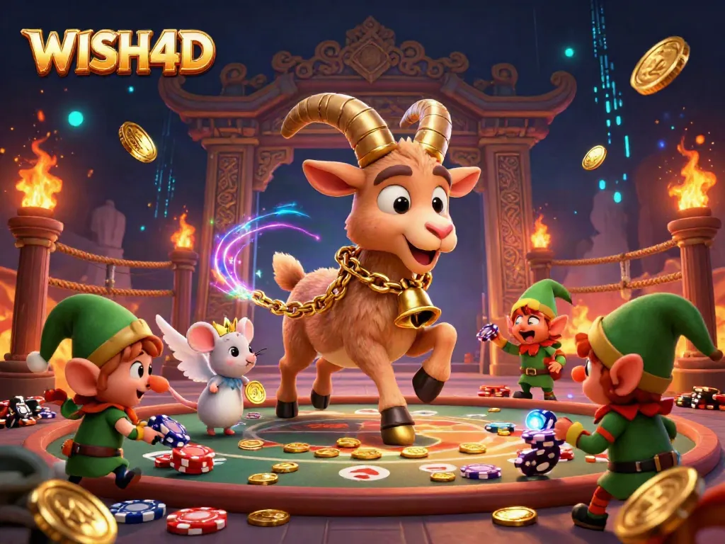 Experience WISH4D's lively casino atmosphere with cartoon characters amidst vibrant gaming elements.