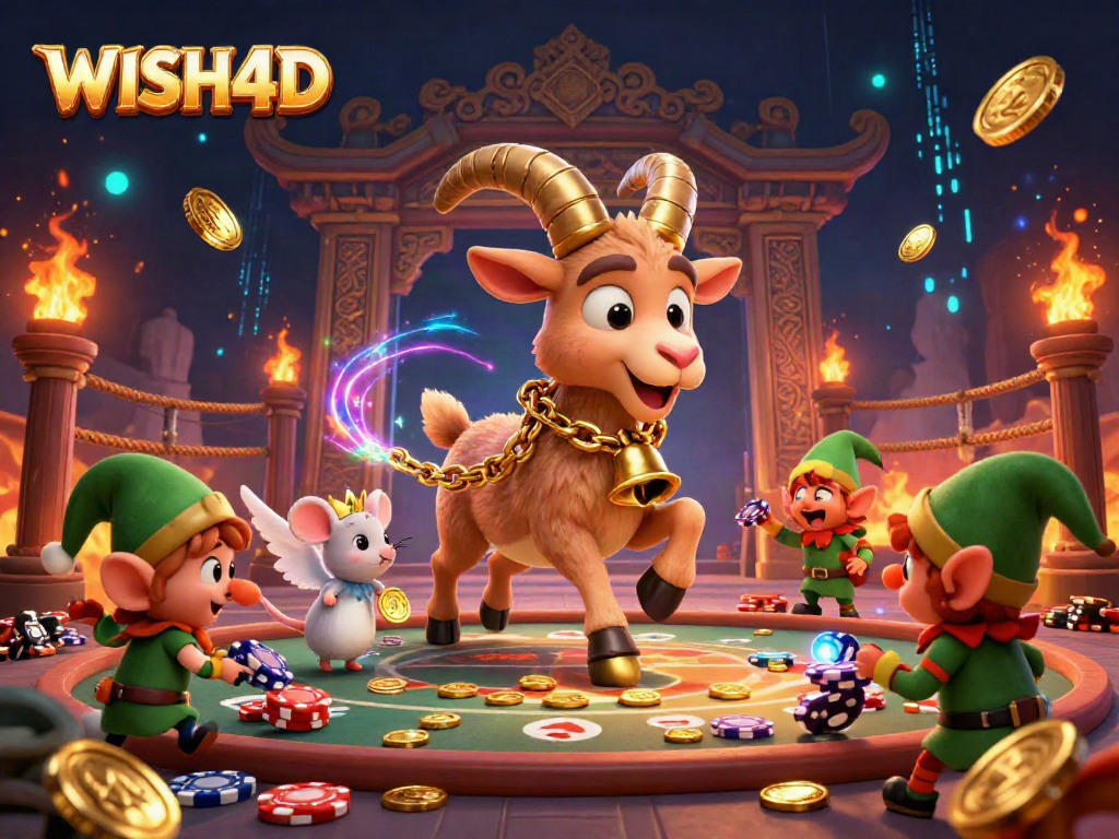 Experience WISH4D's lively casino atmosphere with cartoon characters amidst vibrant gaming elements.