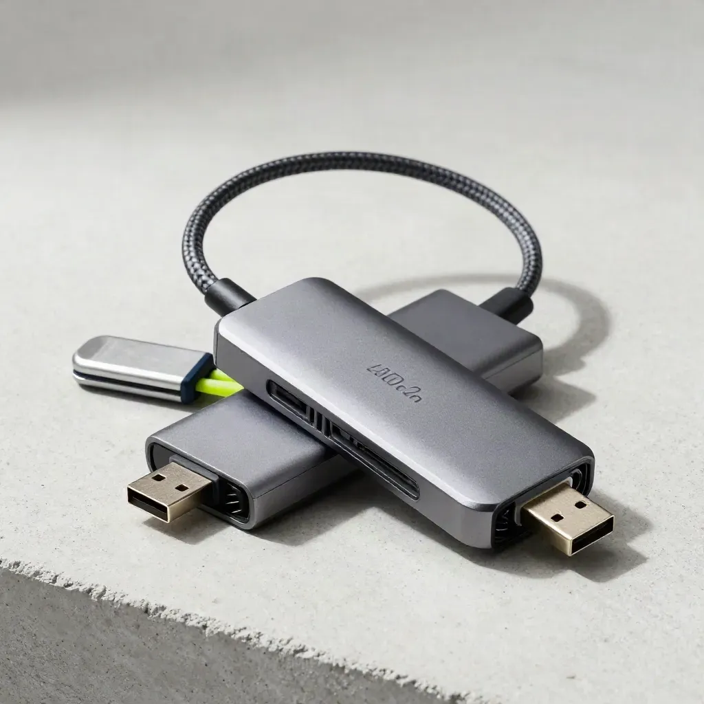 Hub USB, splecione kable i dwa pendrive’y na jasnym betonie w ostrym, bocznym świetle.