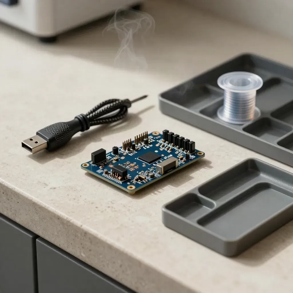 Zestaw do programowania: płytka microcontroller, kabel USB, śrubokręt i szpula przewodów na jasnym kamieniu.