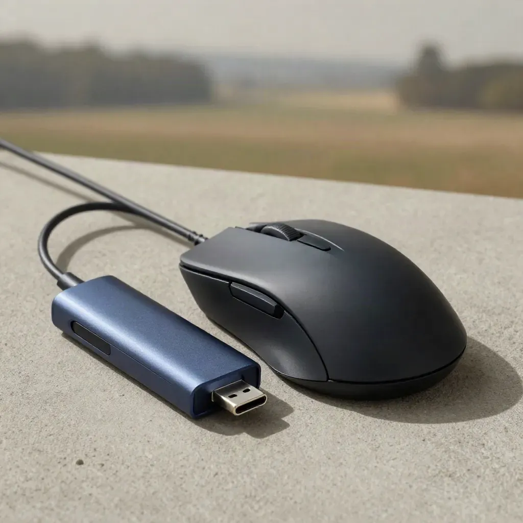 Mysz bezprzewodowa obok huba USB-C i krótkiego kabla na grafitowej powierzchni.